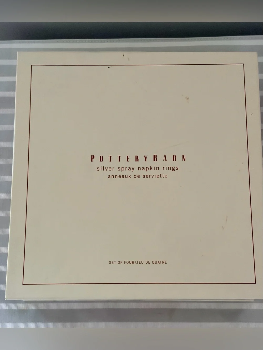 Pottery Barn Napkin Rings In Box Set Of Four Silver Spray NWT Original Box